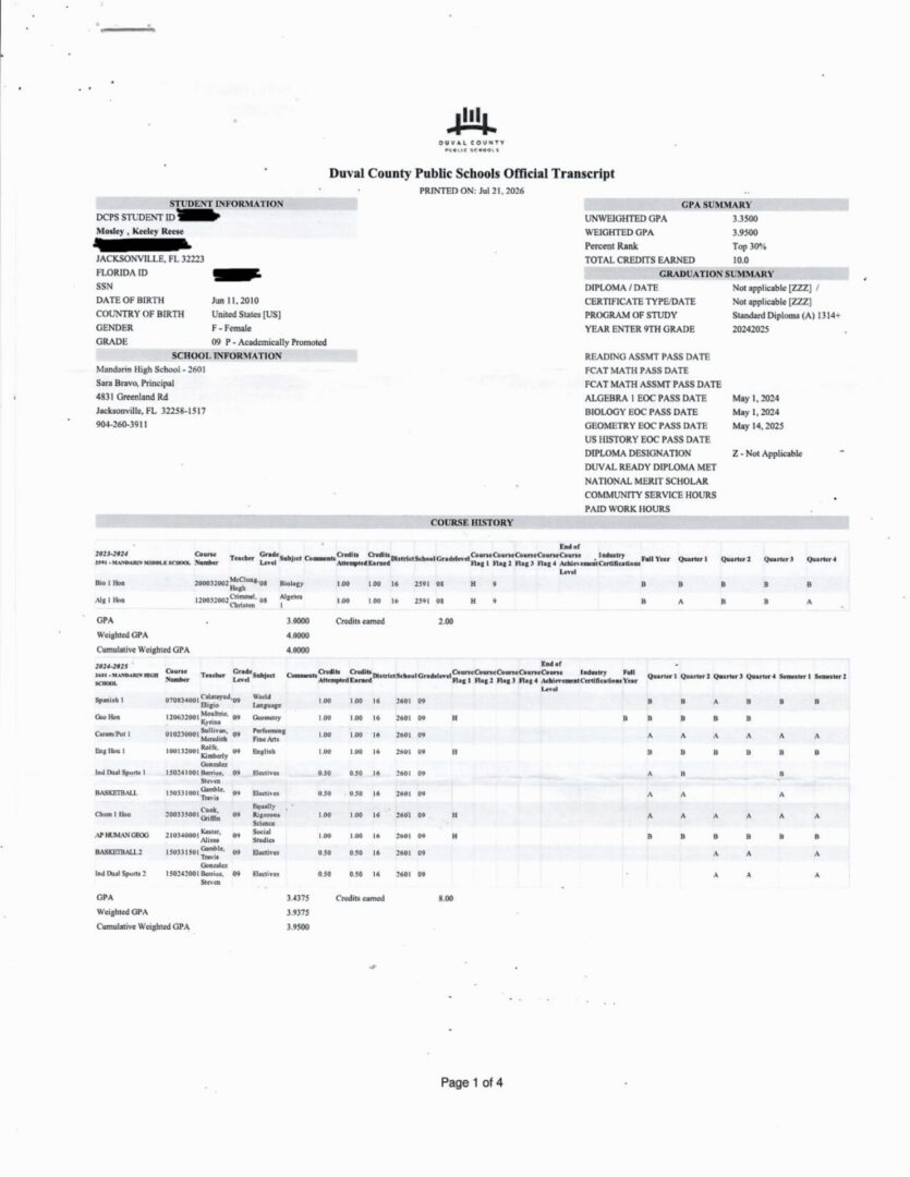 Official academic transcript document page 1